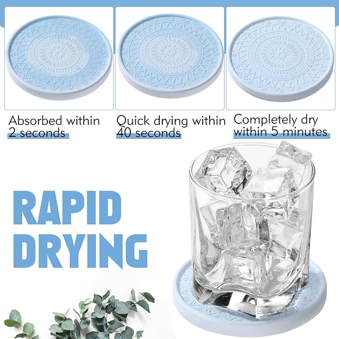 Photect Diatomaceous Earth Coasters Set with Holder Absorbent Stone Drink Coasters Instant Drying Tray for Tabletop Protection Home Decoration Housewarming Gift(Green,6 Pcs)