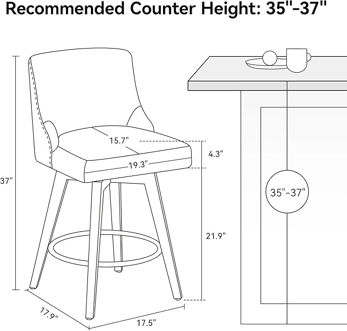 Counter Height Bar Stool, Modern Swivel Barstools with Back and Wood Leg, Faux Leather Upholstered Counter Height Stool, 26" H Kitchen Counter Stool, Kitchen Island Home Bar, Black Grey