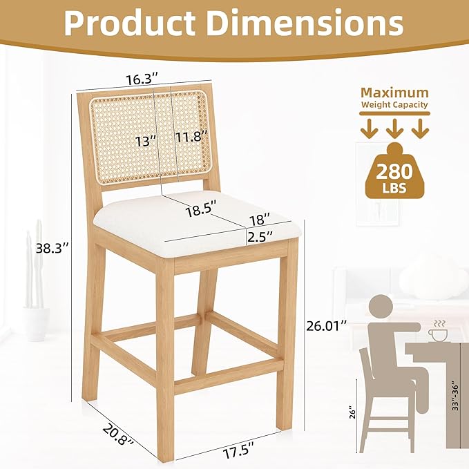 Westice Rattan Bar Stools Set of 2, 26" Farmhouse Counter Height Stools with Natural Rattan Back and Wood Frame, Upholstered Line Fabric Seat Cushion, Wooden Stools for Kitchen Island/Pub, Natural