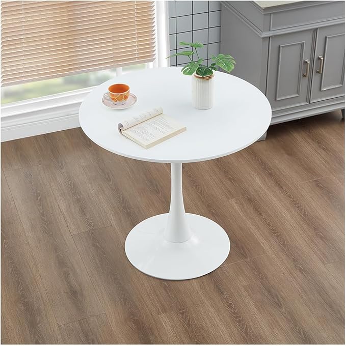 27.3" Tulip Dining Table, White, Perfect for 2-4 People, Mid-Century Modern Style, Round MDF Top with Sturdy Base for Dining Room, Living Room, Cafe