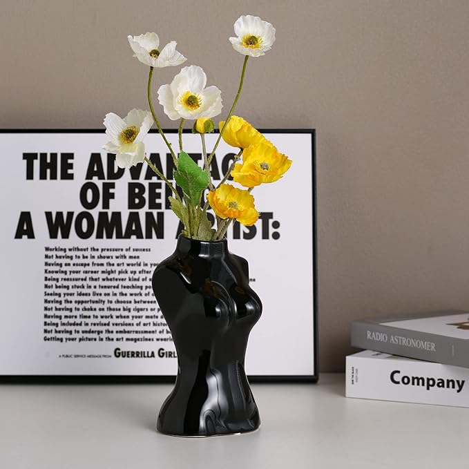 hjn Female Body Vase- Ceramic Black Vase for Flowers,Morden Art Woman Shape Vases for Living Room/Home Decor Accents/Bookshelf/Mantel-Black