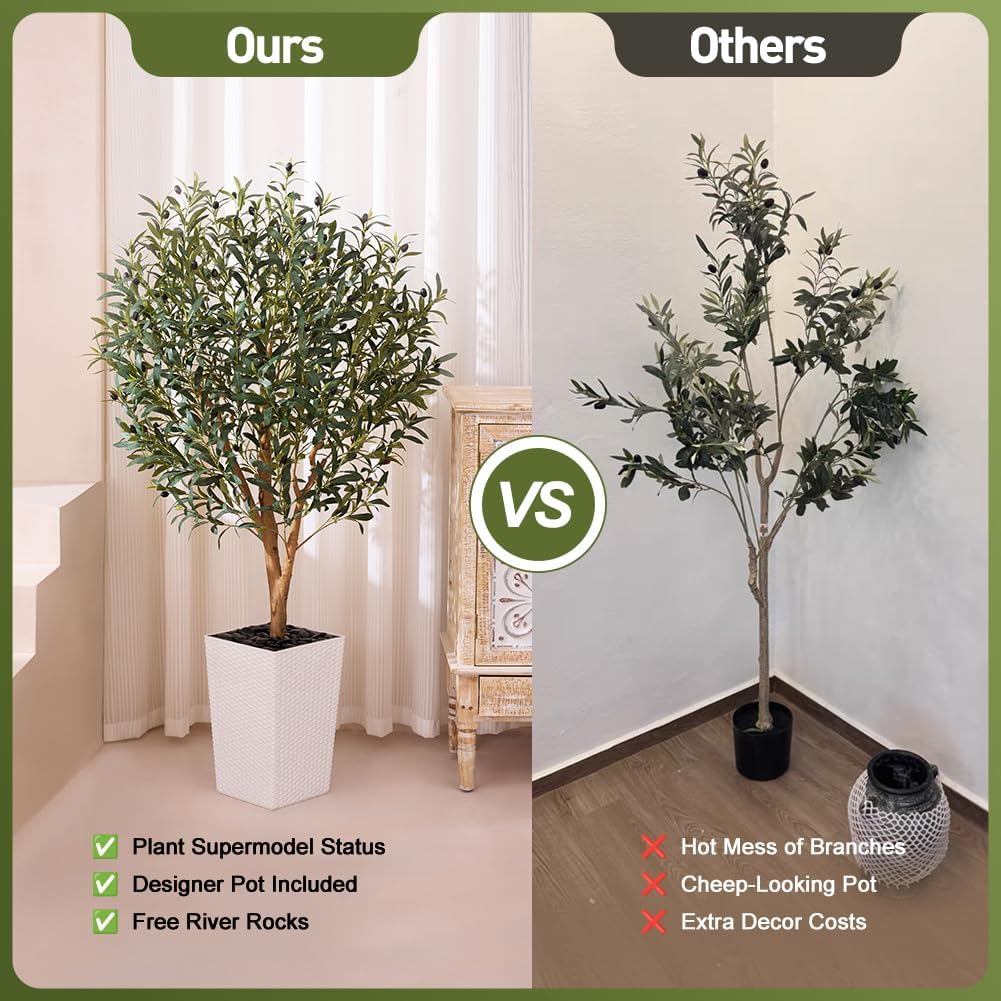 Artificial Olive Tree 5FT, Faux Olive Trees with Real Wood Trunk, UV Resistant Fake Plants in Planter & River Rocks, Indoor Tall Silk Plant for Home Living Room Office Outdoor Decor, VN133