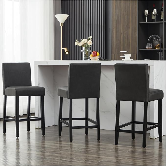 26'' Faux Leather Bar Stools Set of 2, Modern Upholstered Bar Height Bar Chairs, Soild Wood Legs Barstools with Back, Black