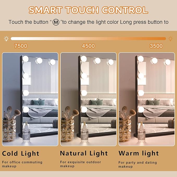 FENCHILIN Vanity Mirror with Lights,Hollywood Lighted Mirror with Dimmer Bulbs, Vanity Makeup Mirror Smart Touch Control (Black)