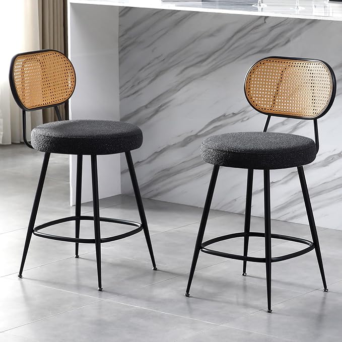 26" Rattan Barstools Set of 2, Counter Height Bar Chair with Black Metal Legs, Modern Armless Sherpa Pub Chair, Adjustable Feetpads Stools for Home Counter, Kitchen Dining Island, Cafe(Black)