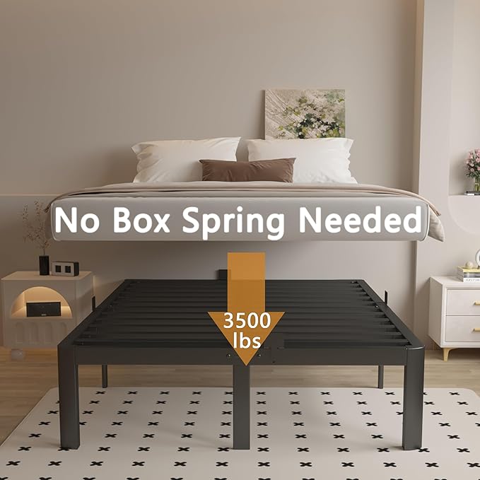 16 Inch Bed Frame Queen Size with Metal Gaskets, Black Queen Platform Bed Frame No Box Spring Needed, Heavy Duty Steel Support, Round Corner Design, Storage Space, Noiseless, Easy Assembly
