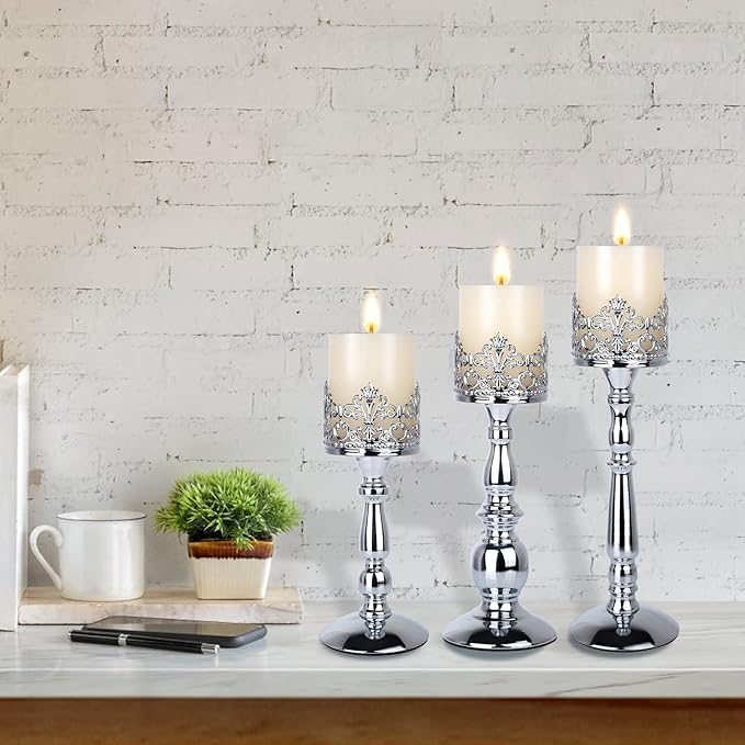 Candle Holders for Pillar Candles Set of 3 Silver Vintage Tall Candle Holders Decorative Large Table Centerpieces Candle Stand Decor