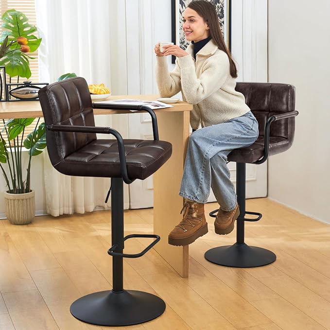 Furniliving Bar Stools Set of 2 with Backrest, Modern Square PU Leather Chairs with Armrest Adjustable Kitchen Counter Barstools for Kitchen Dining Pub Cafe (Blackbrown)