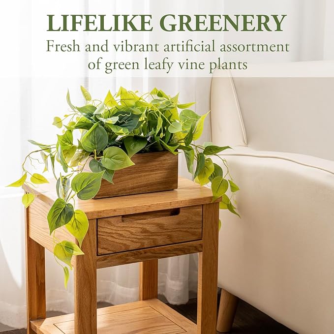 MyGift Vibrant Lifelike Artificial Plant Pothos Leafy Vine Greenery in Natural Solid Acacia Wood Rectangular Planter Box