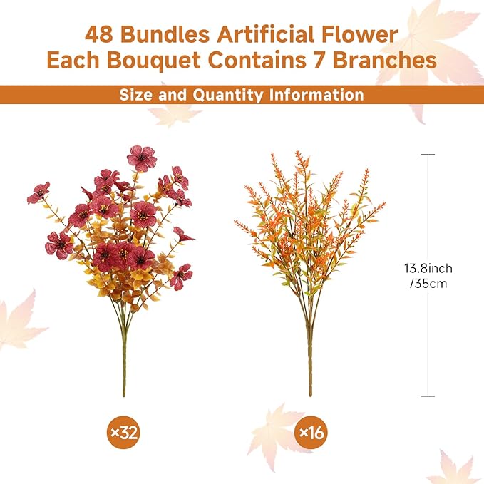 SHareconn 48 Bundles Artificial Fall Flowers for Outdoors Decoration, UV Resistant Silk Eucalyptus Lavender Faux Autumn Fake Plants for Outside Indoor Garden Yard Porch Home Decor, Orange Brown