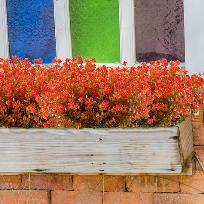 6PCS Artificial Eucalyptus Plants,Fake Boxwood Shrubs UV Resistant No Fade Faux Plastic Bridal Bouquet Indoor Outdoor Home Garden Kitchen Office Table Vase(Fall Orange), Brown Orange