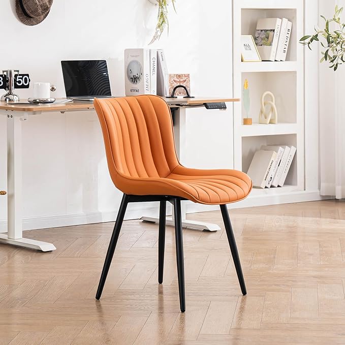 YOUNUOKE Dining Chairs Set of 2 Camel Mid Century Modern Kitchen Chairs Armless Faux Leather Upholstered Dinner Side Chair with Back for Guest Reception Living Room, Matte Orange