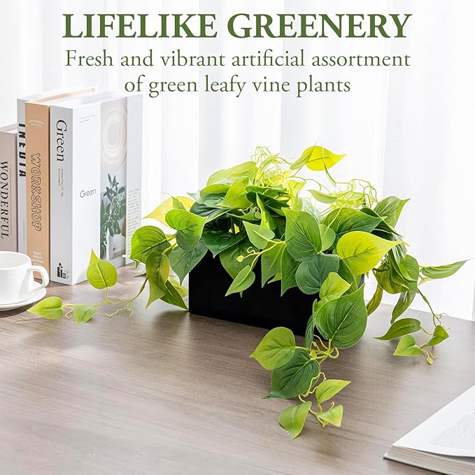 MyGift Vibrant Lifelike Artificial Plant Pothos Leafy Vine Greenery in Black Concrete Rectangular Planter Box