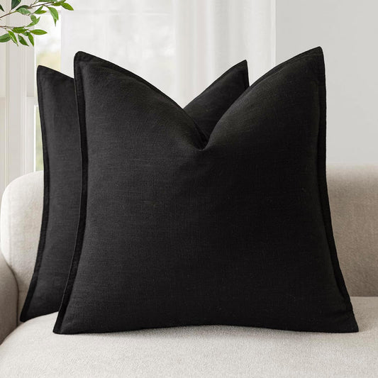 Foindtower Pack of 2, Decorative Linen Soild Throw Pillow Covers Soft Accent Cushion Case Boho Farmhouse Neutral Pillowcase for Chair Couch Sofa Bedroom Living Room Home Decor 20 x 20 Inch Black