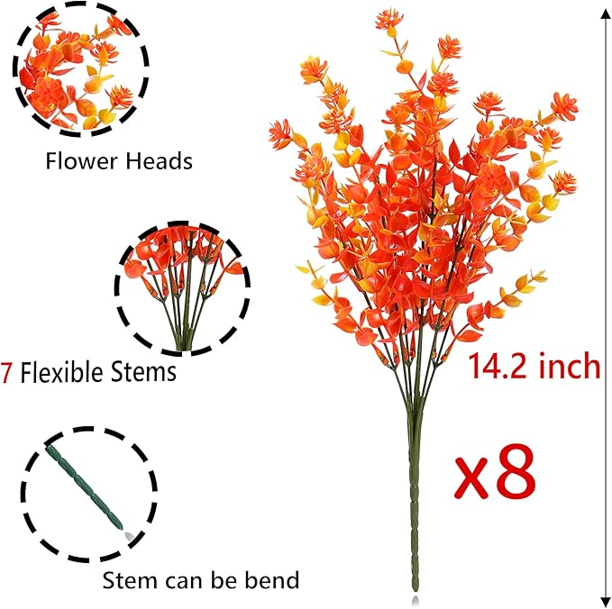 SITUMEIZI Artificial Mums for Outdoor Fall Flowers,Faux Flower Eucalyptus Leaves Fake Plants Greenery Outside Plastic Proch Patio Front Fall Halloween Thanksgiving Decorations(8Pcs,Orange)