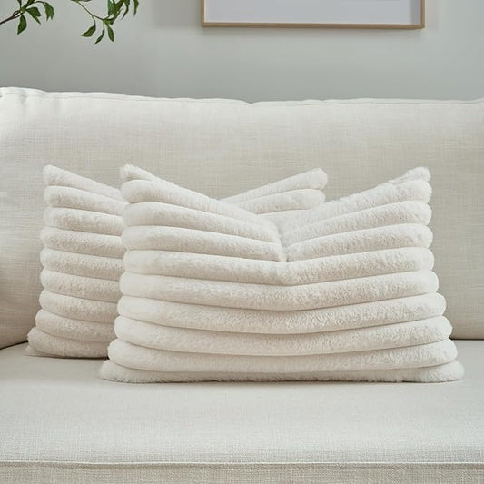 FUTEI Cream White Striped Decorative Throw Pillow Covers 12x20 Inch Set of 2,Rectangle Fall Decorations Couch Lumbar Pillowcase,Soft Cozy Faux Rabbit Fur & Velvet Back,Modern Home Decor for Bed