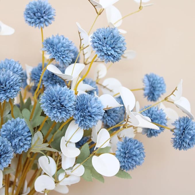 Faux Dusty Blue Flowers, Blue and White Floral Stems For Centerpieces, Fake Mums Artificial Flowers, Flores Azules Artificiales Para Decoracion, Long Stems For Vases, DIY Silk Floral Arrangements