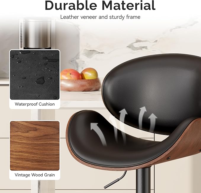 Swivel Bar Stools Set of 4, Seat Adjustable Height 23.5-32.5IN Bentwood Barstools with Back & Footrest, PU Leather Upholstered Counter Height Bar Chairs for Bar Kitchen Dining Room, Black