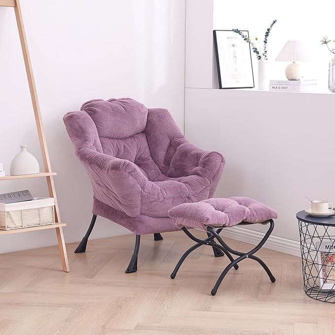 LITA Lazy Chair with Ottoman, Modern Accent Leisure Upholstered Sofa Chair, Lounge Reading Chair with Armrests and a Side Pocket for Living Room, Bedroom & Small Space