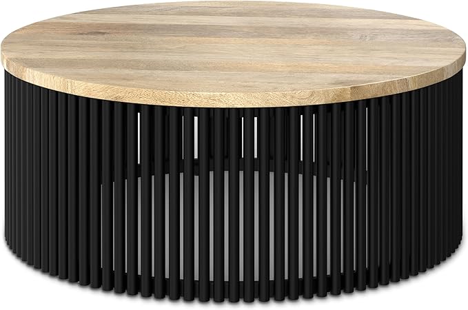 SIMPLIHOME Demy Coffee Table - 35 inch Wide Industrial Contemporary Round Cocktail Table in Natural and Black, Sculptural Living Room Table with Wood Veneer Top and Powder Coated Metal Base, Assembled