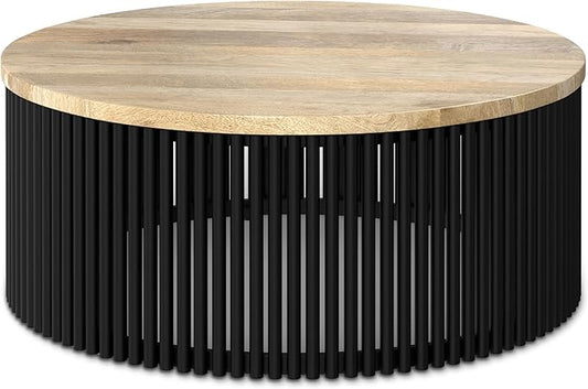 SIMPLIHOME Demy Coffee Table - 35 inch Wide Industrial Contemporary Round Cocktail Table in Natural and Black, Sculptural Living Room Table with Wood Veneer Top and Powder Coated Metal Base, Assembled