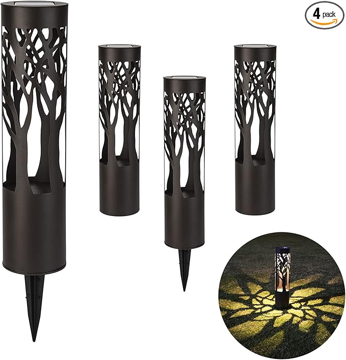 4Pack Solar Pathway Lights Outdoor, Landscape Lighting Dust to Dawn Solar Lights for Garden Decor, Metal Path Lights Solar Powered for Yard Lawn Patio Walkway Warm Yellow
