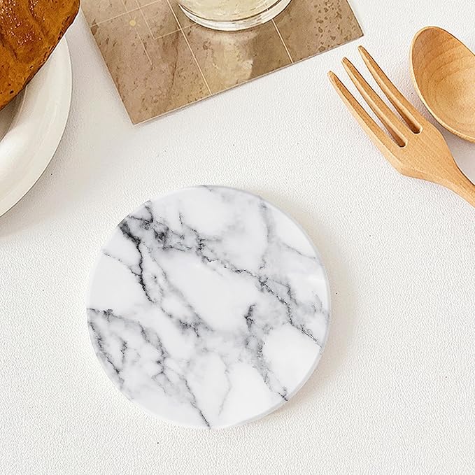 Ceramic Coasters Set of 4 with Holder Round Water Absorbent White Classic Marble Coasters Tabletop Protection,Wine Beer Bar Coasters,Home Decor，4 Inch