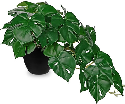 DILATATA Fake Plants Indoor 9 Inch Artificial Monstera Plant in Black Plastic Pot - Faux Potted Tropical Palm Plant for Home Aesthetic Decor Living Room Shelf Office