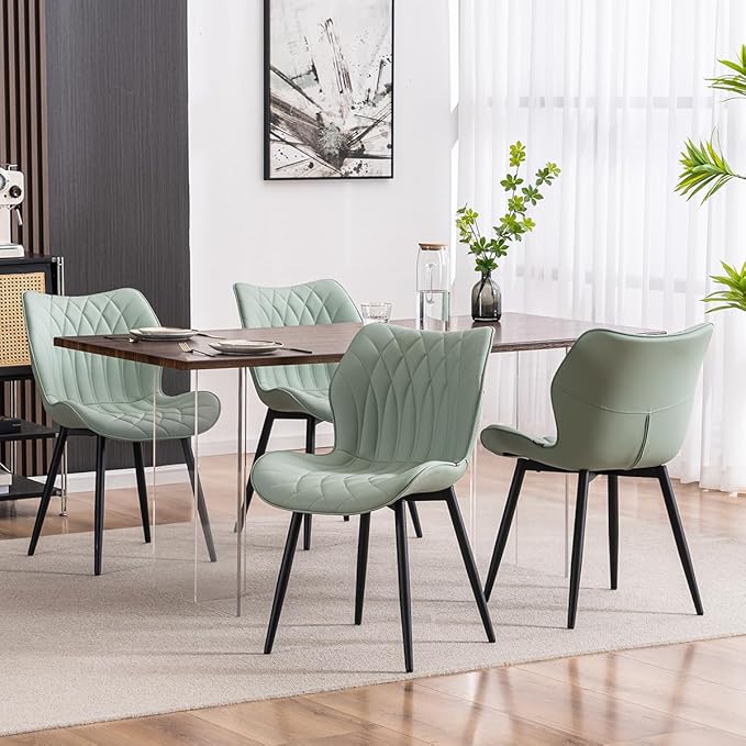 Kidol & Shellder Modern Dining Chairs Set of 2 Comfy Dining Room Chairs with Thick Cushions PU Leather Upholstered Kitchen Side Chairs with Metal Legs Mint-Green