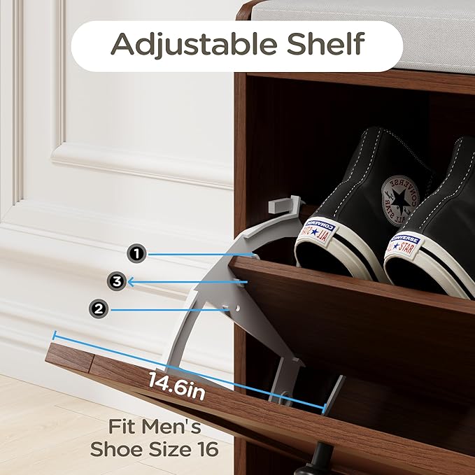 MHOM Brown Modern Entryway Bench with 2 Flip Drawers, Entryway Shoe Bench with Padded Seat Cushion, Wooden Storage Bench for Bedroom and Apartment