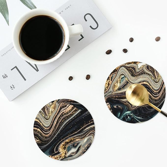 Black Gold Marble Style Coasters Set of 6 Coasters for Drinks Absorbent Double-Sided Leather PVC Coaster for Tabletop Protection Coffee Table Decor Ideal for Home Decor House Warming Gifts