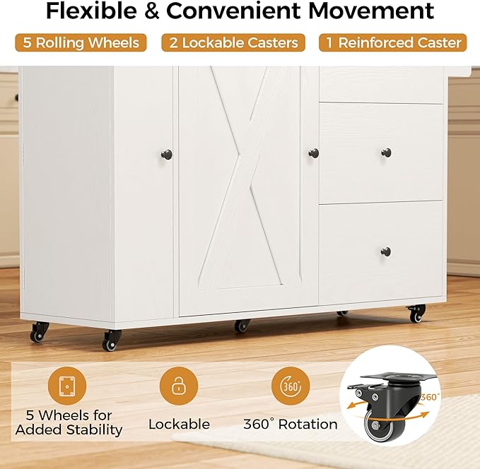 IRONCK Kitchen Island with Storage, 47.2in Rolling Island on Wheels, Kitchen Cart with Drop Leaf, 3 Spacious Drawers, Storage Cabinets and Towel Rack for Home, Dining Room