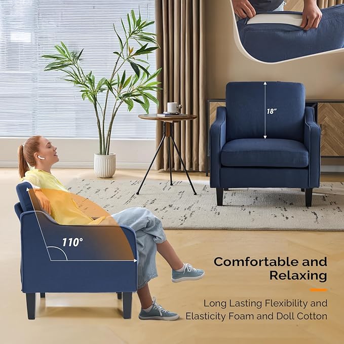 VINGLI Modern Accent Chairs Set of 2,Comfy Blue Armchair for Bedroom,Living Room Upholstered Sofa Chair Reading Chair for Small Spaces