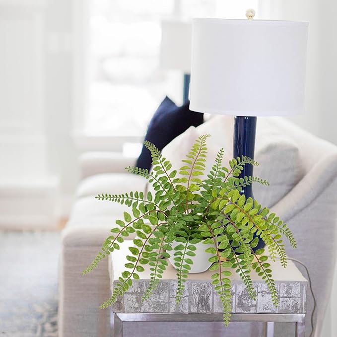 Hollyone Artificial Fern Potted Plant for Outdoors Indoors - Lifelike Faux Boston Fern in White Pot for Garden, Patio, Home, Farmhouse, Windowsill, Office, Living Room, Desk Decoration