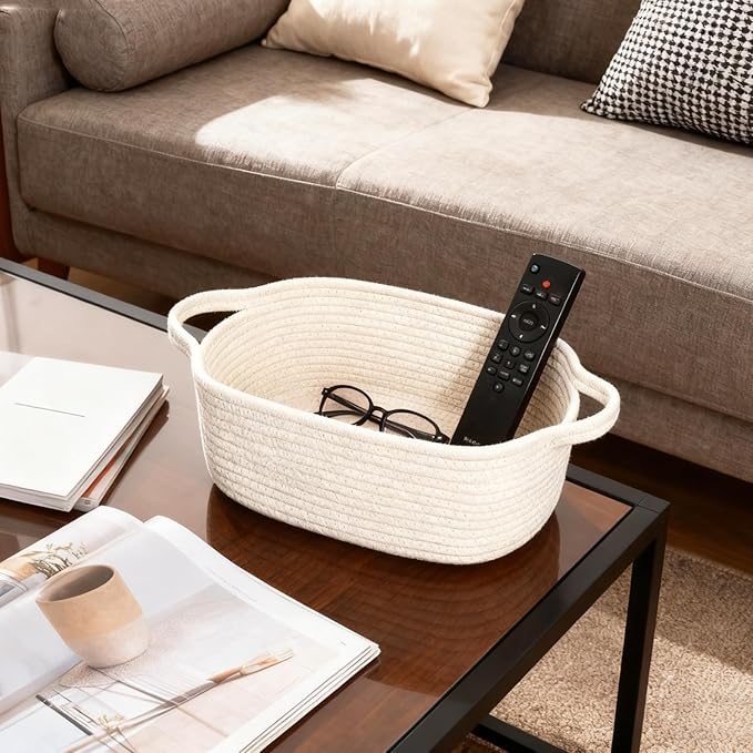 BOMINICA Cotton Rope Storage Basket with Handles, Natural Woven Basket, Decorative Rectangle Organizer Bin for Home, Nursery, Montessori, Pet Toy Storage and Bathroom Organization, White