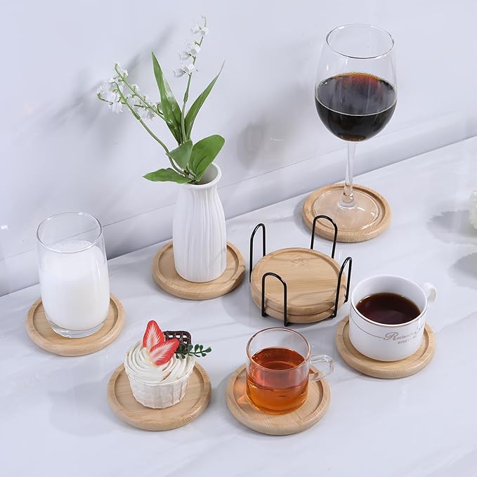 Bamboo 4 inch coaster [4 pcs] Coasters with Holder - Drinking Coasters - Cup Mat for Drinks - Live for Hot or Cold Drink - Non-slip and non-stick,Suitable for Kinds Cups and Living Room Decor