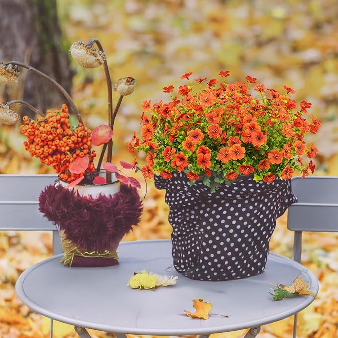 16 Bundles Artificial Flowers Outdoor Spring Summer Decoration Fake Silk Colorful Daisy Eucalyptus Realistic UV Resistant Outside Faux Plants for Garden Porch Window Box Home Decor (Orange)