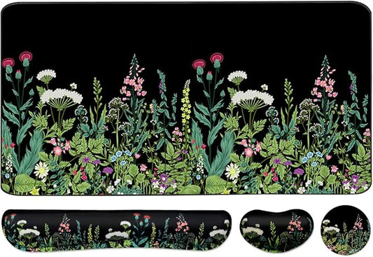 Keyboard Mouse Pad Set, Extended Mouse Pad+Keyboard Wrist Rest Support, Memory Foam Ergonomic Easy Typing, 3Pcs (35.4×15.7 in) Desk Pad Set for Home Office Study Game - Weeds