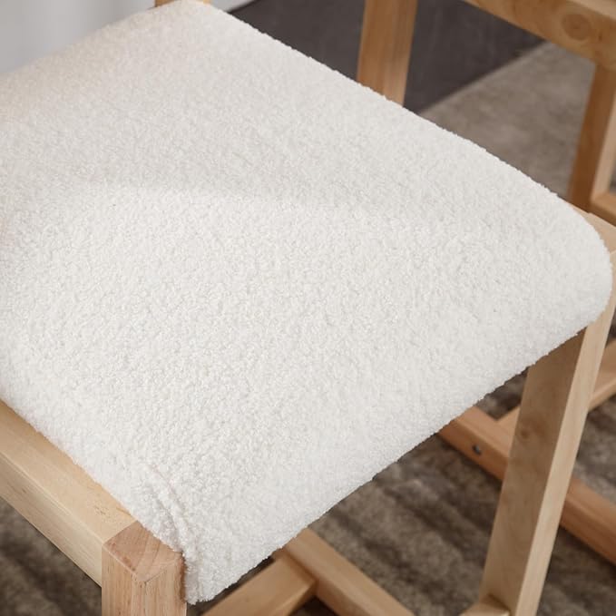 Mid-Century Bar Stools Set of 2, 26 Inch Modern Counter stools Sherpa Fabric Bar Chairs with Backrest Wooden Frame for Kitchen Island Dining Room, White