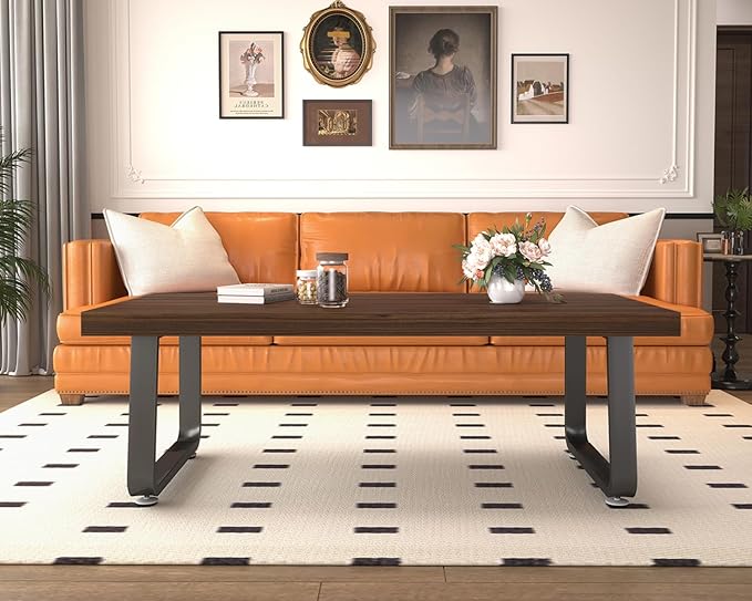 HSH Rustic Walnut Coffee Table, Modern Center Table, Rectangle Industrial Living Room Coffee Table, Simple Farmhouse Wood and Metal Tea Table for Home Bedroom Office, Walnut, 47 in