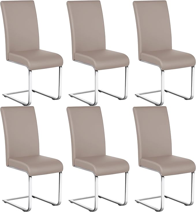 Yaheetech Dining Chairs Set of 6 Modern Faux Leather Upholstered Dining Room Chairs with High Back and Metal Chrome Legs for Kitchen/Living Room/Restaurant, Light Brown