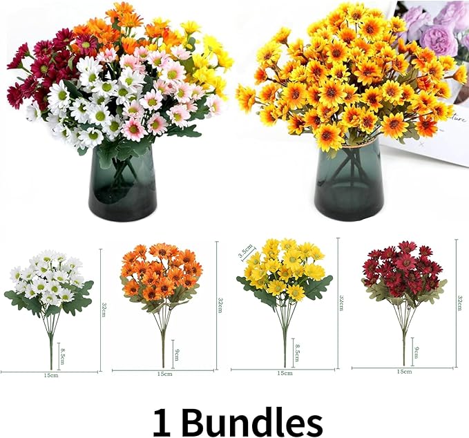 Funsdecor Artificial Mums, 2025 New Artificial Sunset Mums, Artificial Mums for Outdoors Fall - UV Resistant, Waterproof, Fake Fall Flower Daisy for Decoration for Home Porch (5Bundtel Orange)