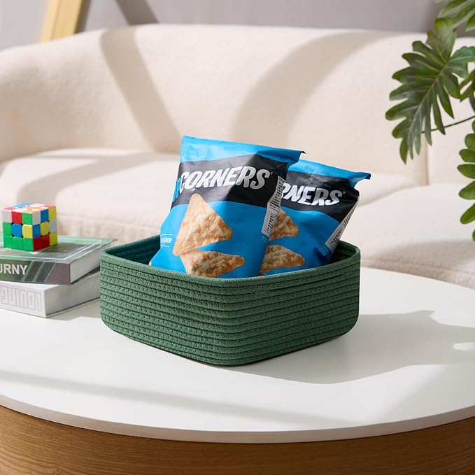 Small Square Shallow Baskets for Organizing, 9.7x9.7x4.3 Inch Rope Woven Storage Bins for Cubes Closet, Shelves Storage, Boho Decorative Basket, 2 Packs Green