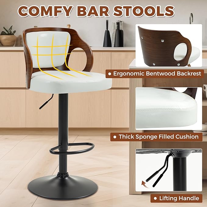 ECOTOUGE Swivel Bar Stools Set of 2, Height Adjustable Bentwood Island Stools, Modern Counter Height Bar Stools, Faux Leather Counter Stools with Back & Footrest, White
