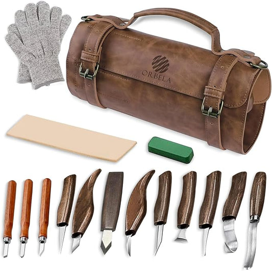 Orbela 16PCS Wood Carving Tools Set Heavy Duty with Leather Roll Bag - Complete Wood Carving Kit for Beginners & Experts, Whittling Knives, Wood Carving Chisels, Sharpening Strop, Gloves Woodworking