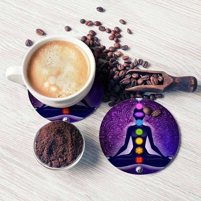Meditating Woman in Lotus Pose Cup Coasters Set of 2 Aura Glow Spiritual Colorful 9 Chakras Mandala Wooden Table Apartment Decor 100% Diatomite for Drinking Glasses,4 Inches
