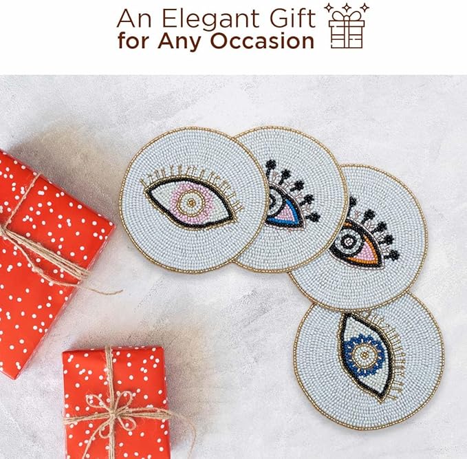 Folkulture Beaded Coasters for Drinks | Set of 4 (4") Round Decorative Bar Coaster for Table Décorations or Coffee Table | Cute Boho Coasters | Set of 4 Evil Eye Decor Gifts for Her
