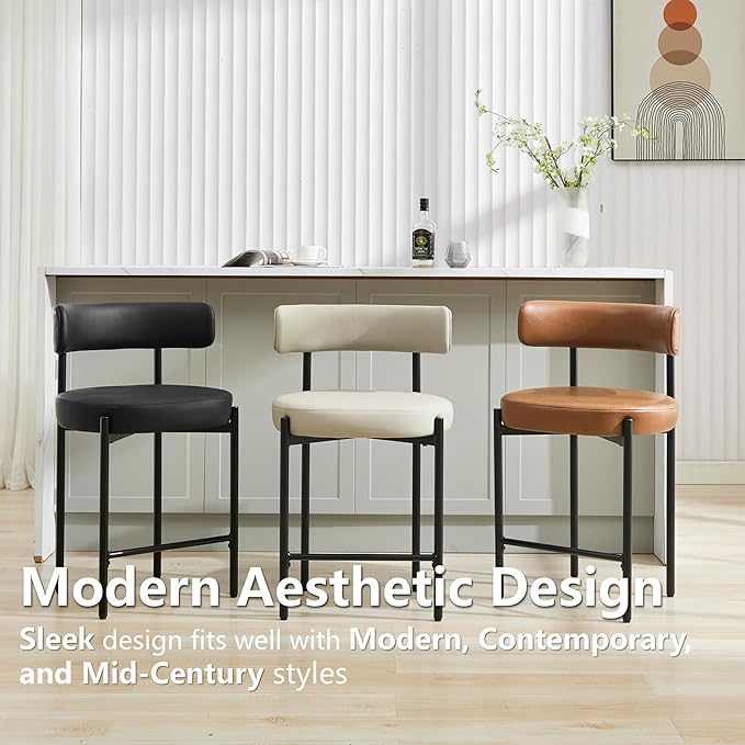 24'' Faux Leather Bar Stools Set of 4, Counter Height Bar Stools with Backs, Upholstered Counter Chairs for Kitchen Counter (Vegan Leather,Black)