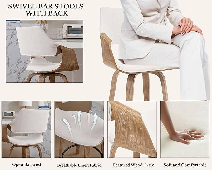 26 Inch Modern Barrel Swivel Counter Stools Counter Height Swivel Bar Stools with Backs Set of 6, Cream Linen Upholstered Bar Height Island Chairs, Farmhouse Solid Wood Barstools for Kitchen Island