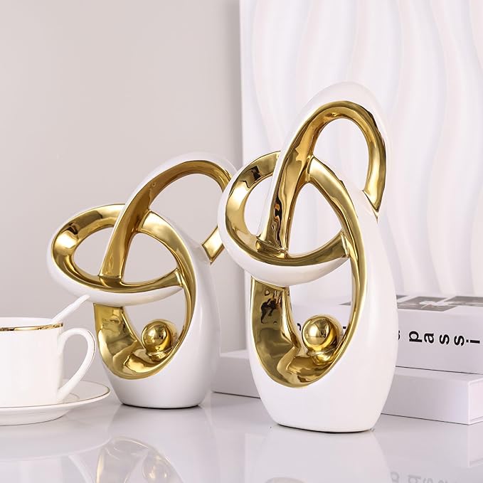 White Gold Modern Abstract Art Home Decor Accent,Statues Coffee Table Decor for Living Room,Table Centerpieces for Dining Room,Ceramic Sculptures and Gold Knick Knacks for TV Stand Decor